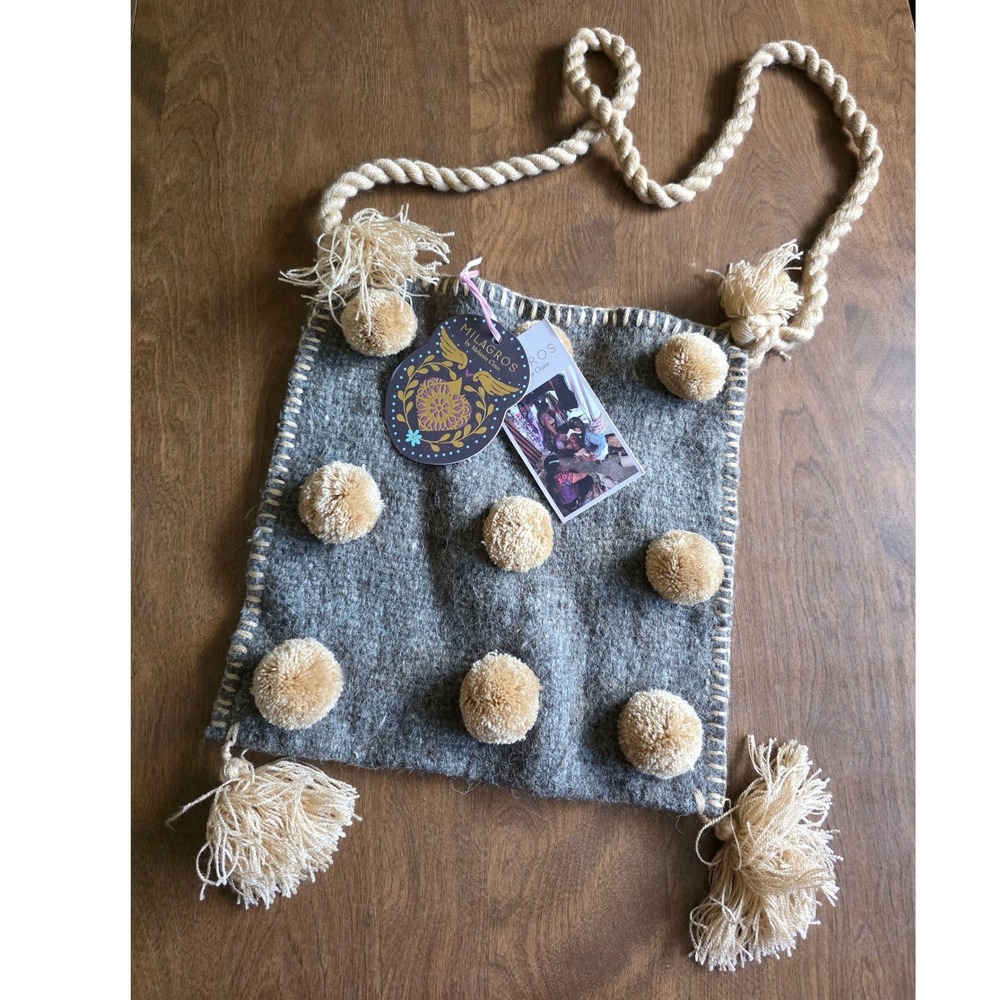Milagros by Melania Clara Handmade Wool Pom Pom Bag Grey Artisan Mexico NWT Fall
